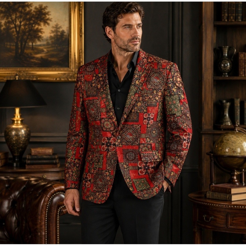 Gorgeous Men's Red Patchwork Print Blazer/ Worn Once Since New